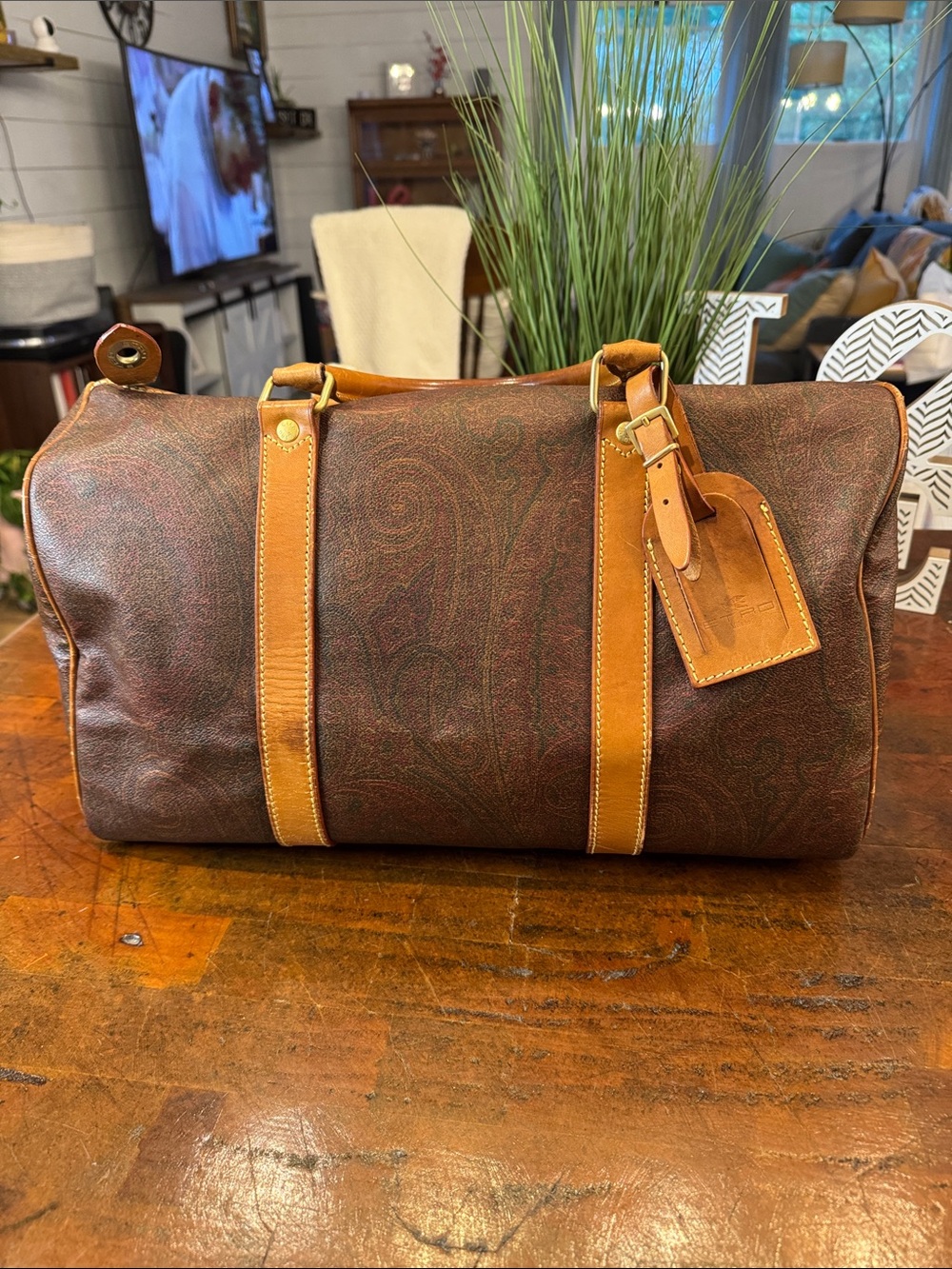 Etro Brown Paisley Weekender with Tan Leather Trim